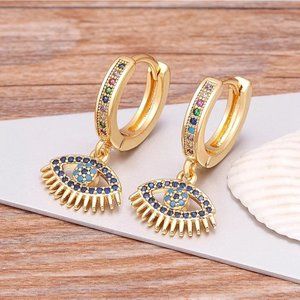 Colorful Evil Eye Gold Color Earrings, Zircon